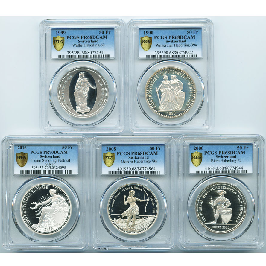 スイス 1999年 現代射撃祭 50Fr 銀貨 NGC PF69UC