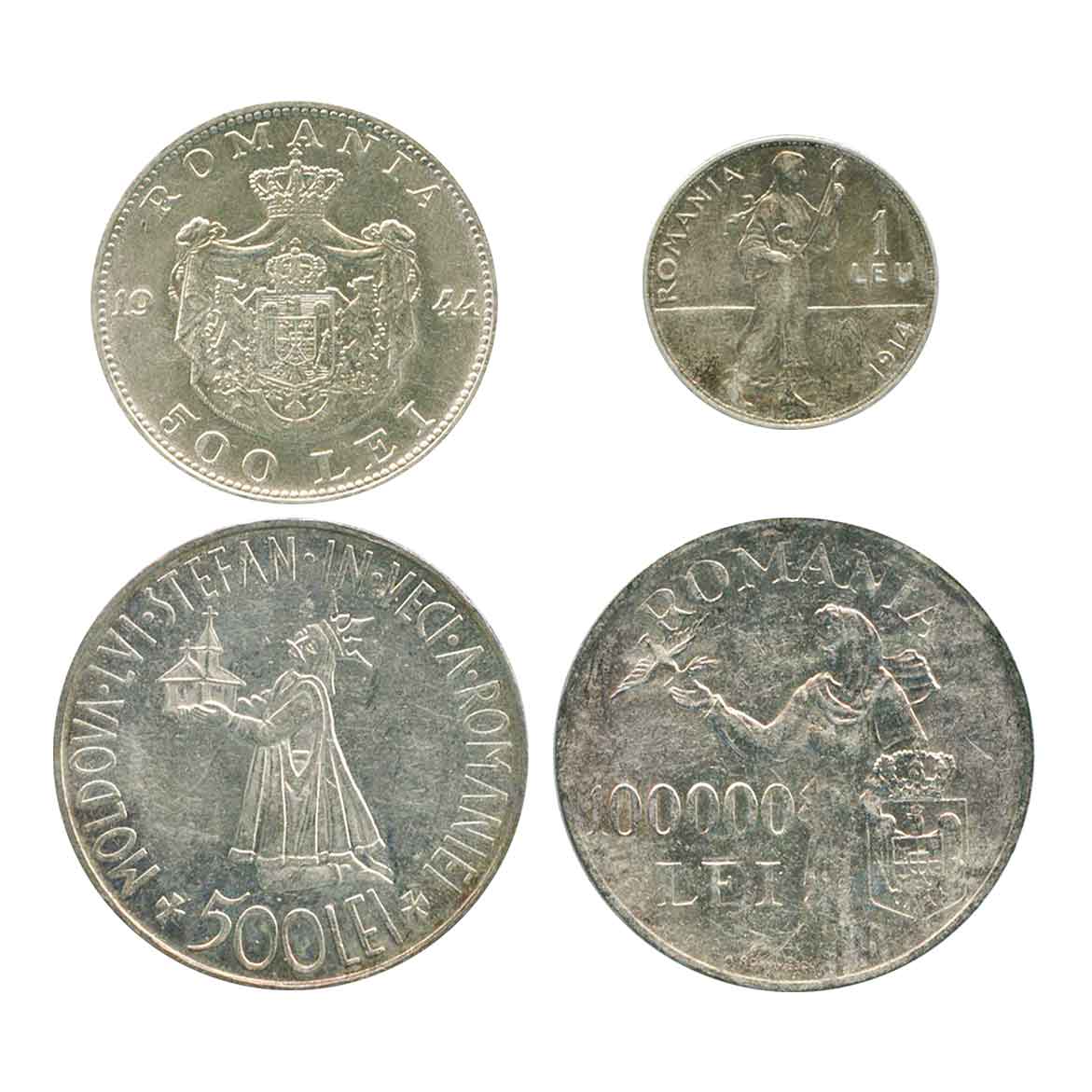 ルーマニア カロル1世 11 1914 1レウ銀貨 1914 Km42 ミハイ1世 1940 1947 500レイ銀貨 1941 1944 Km60 65 10 000レイ銀貨 1946 Km71 4pcs 要下見 返品不可 日本コインオークション