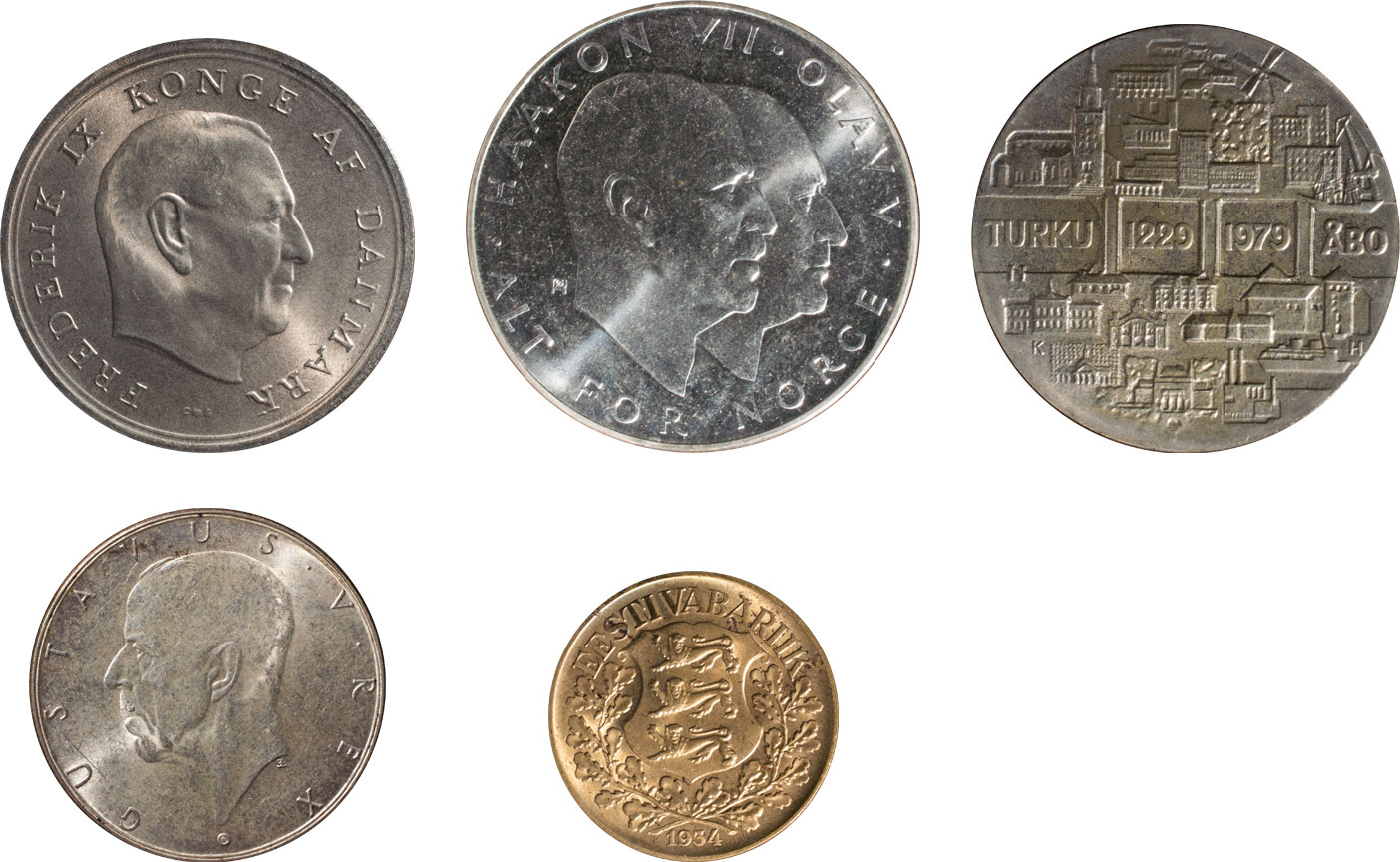 各国ロット デンマーク 10クローナ銀貨 Nd 1967 Km856 エストニア 1クルーンアルミブロンズ貨 1934 Km16 フィンランド 25マルッカ銀貨 1979 Km58 ノルウェー25クローナ銀貨 1970 Km414 スウェーデン 2クローナ銀貨 1938 Km807 合計5pcs 要下見 返品不可