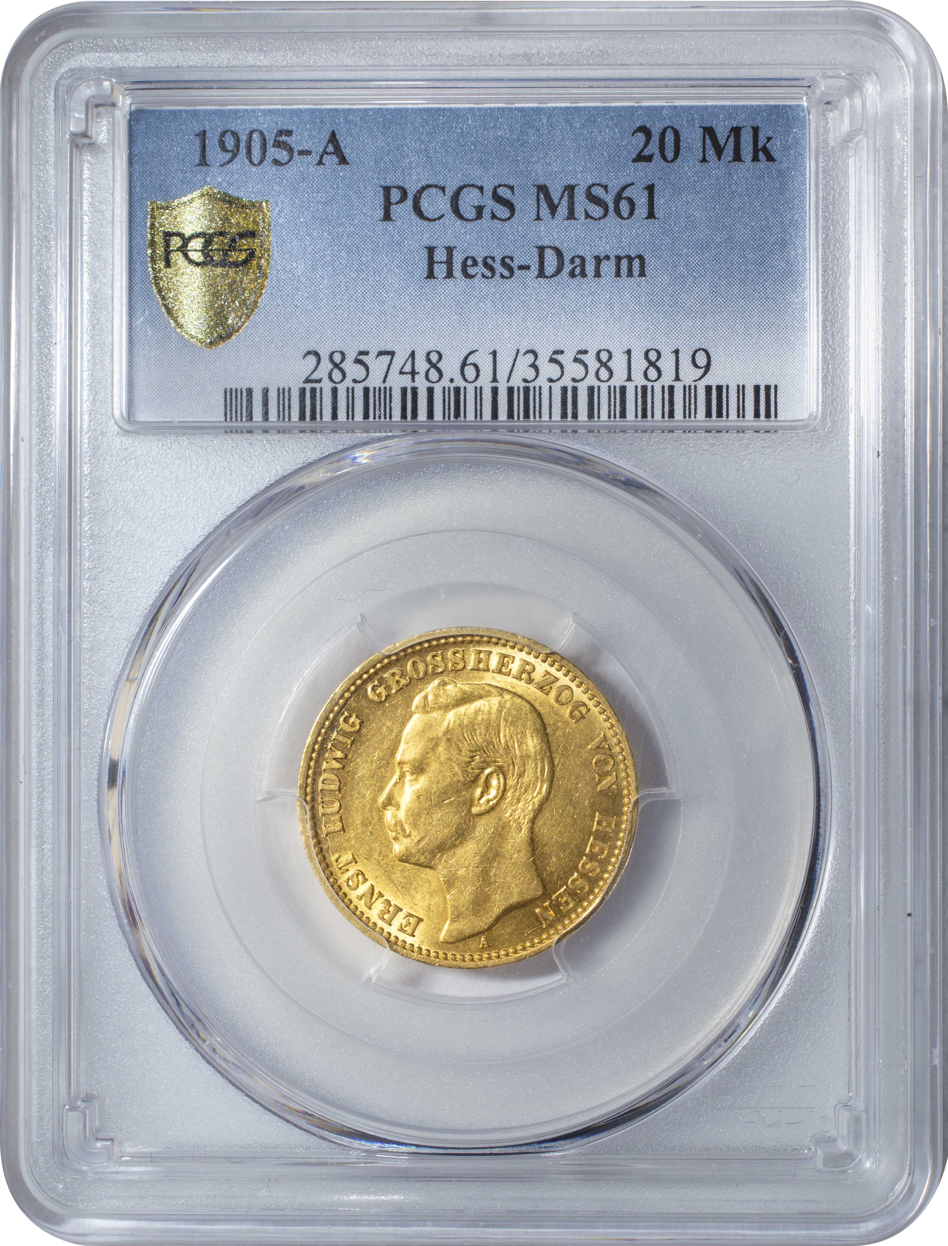 ドイツ ヘッセン ダルムシュタット エルンスト ルートヴィヒ 12 1918 マルク金貨 1905 A Pcgs Ms61 Fr3795 Km374 日本コインオークション