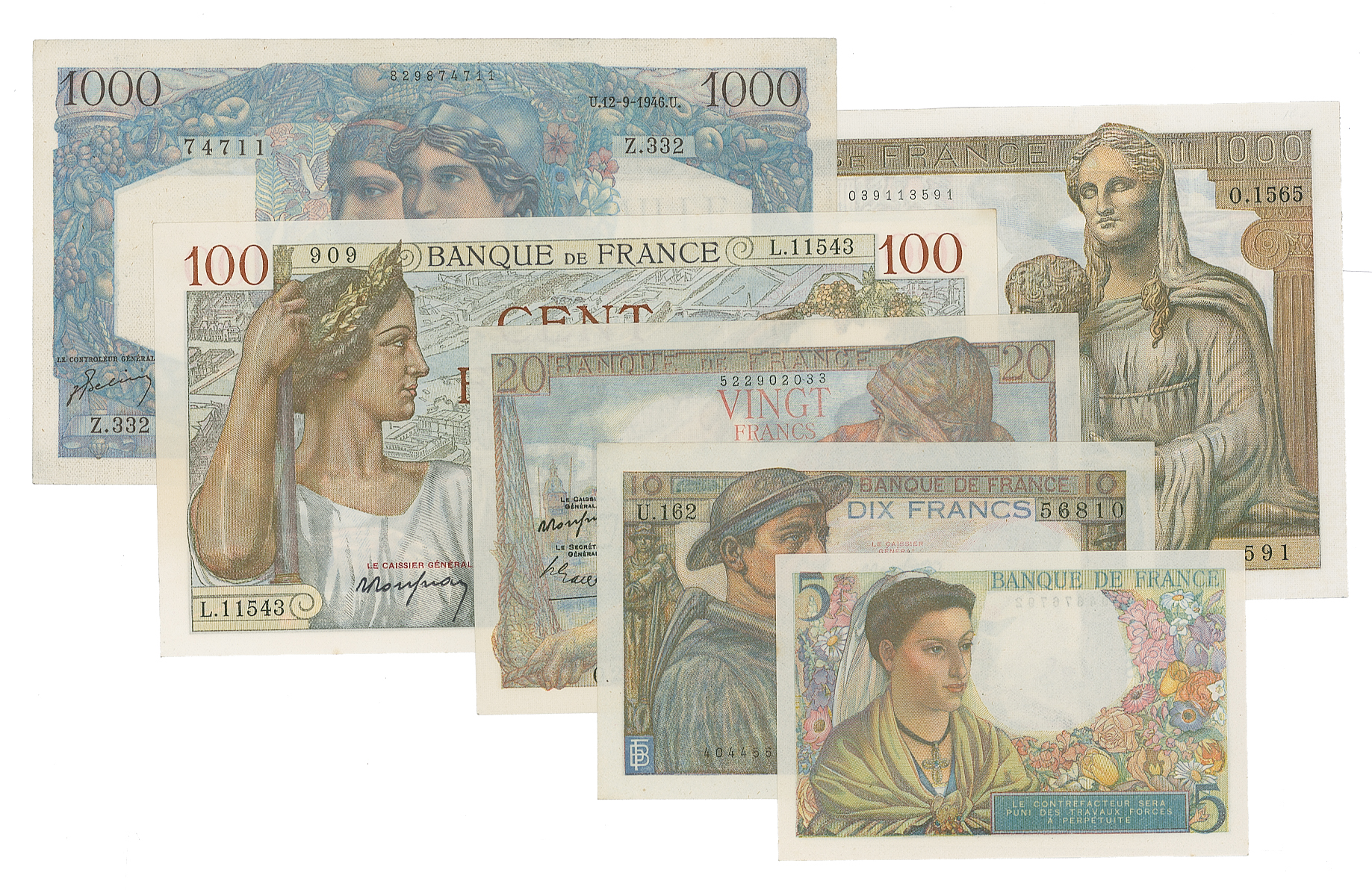 世界のコインとその他 ｍｉｓｃｅｌｌａｎｅｏｕｓ フランス紙幣 6枚組 5 10 100 1000 2枚 フラン 要下見 返品不可 日本コインオークション